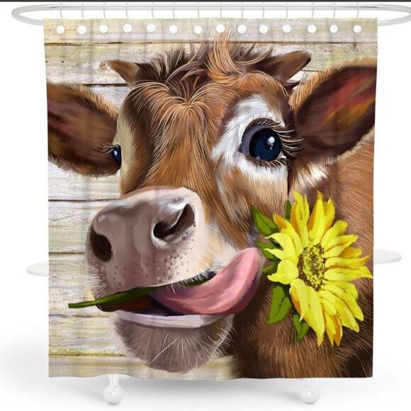 Cow Sunflower Shower Curtain Sets Watercolor Brown Modern Bathroom Decor - Picture 1 of 1